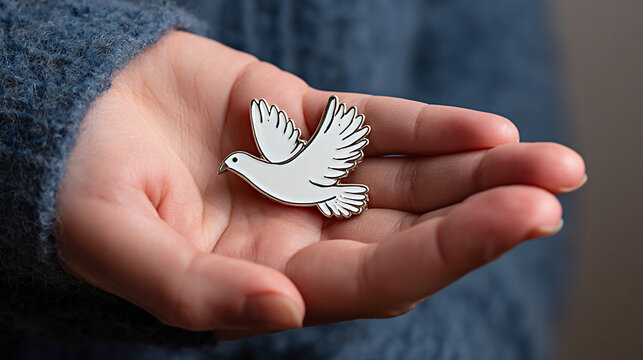 Hand holding a white dove pin with detailed wings against a textured blue sweater background, symbolizing peace and hope in a personal accessory