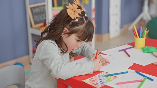 Girl writing with orange crayon on paper at red table with colored pencils and sticker sheet in classroom; concentration creativity play.