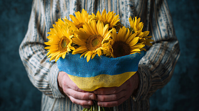 Person holding a bouquet of sunflowers wrapped in blue and yellow fabric, symbolizing Ukrainian culture, with a textured blue background enhancing the visual appeal