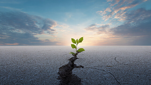 Green plant sprouting from cracked dry soil under a dramatic sky at sunrise, symbolizing resilience and hope in an arid landscape