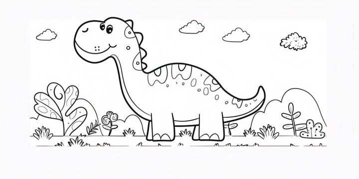 Cute brontosaurus dinosaur standing in prehistoric landscape