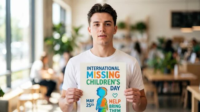 Man holding international missing childrens day poster in cafe. Global observance on May 25th for child protection and safety efforts