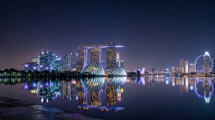 Fototapeta premium Cityscape at Night: The iconic skyline of a modern metropolis glows with vibrant lights, reflecting spectacularly on the calm water, creating a breathtaking urban panorama.