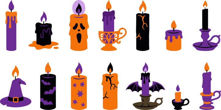 Halloween candles and candelabras in orange purple and black