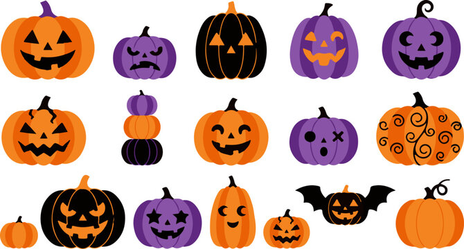 Halloween pumpkins and gourds with various faces and designs