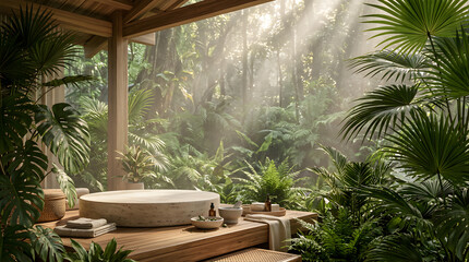 Fototapeta premium Luxury Tropical Spa Sanctuary Background with Stone Podium and Botanical Greenery for Wellness Product Presentation