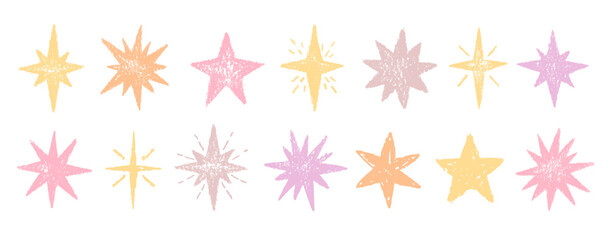 Fototapeta premium Pencil star, hand drawn crayon brush marker doodle pattern. Pastel texture. Color background, star figure. Vector chalk kid sketch shape. Sparkle icon sticker. Crayon pastel kindergarten scribble bg