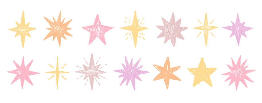 Pencil star, hand drawn crayon brush marker doodle pattern. Pastel texture. Color background, star figure. Vector chalk kid sketch shape. Sparkle icon sticker. Crayon pastel kindergarten scribble bg