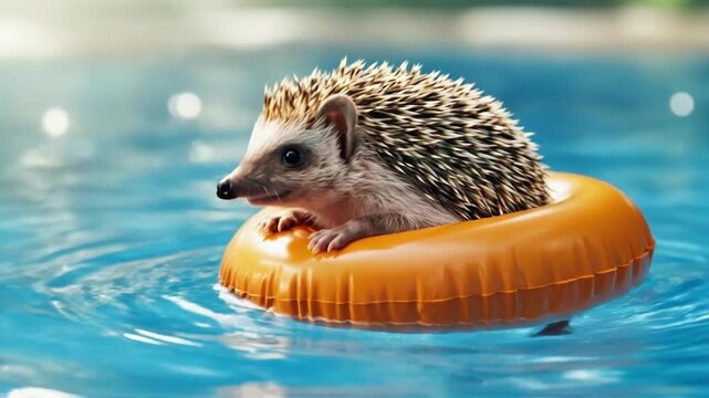 Cute hedgehog swimming in pool with orange inflatable ring. Adorable animal enjoying summer vacation fun in water. For kid book cover or greeting card.