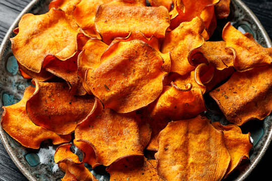 Homemade Baked Sweet Potato Chips. Crispy Healthy Snack