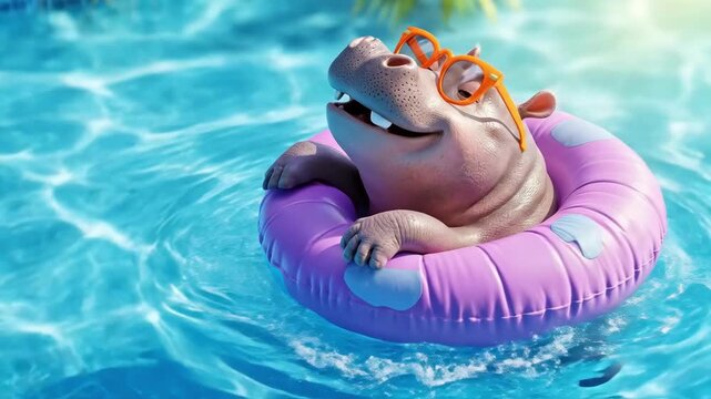 Cute digital illustration of happy hippo enjoying relaxing day in swimming pool vacation concept summer holiday fun and leisure activity for children