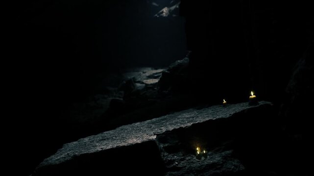 Cinematic noir cave scene framed by deep shadows and single directional light, candles punctuate compositional lines, textured rock surfaces enhance dramatic