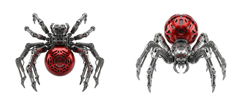 Two mechanical robotic spiders with red metallic bodies isolated on transparent background