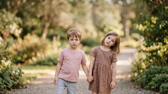 Boy and girl holding hands on garden path. Sibling unity in lush greenery. Awareness symbol for international missing children day and child safety campaigns