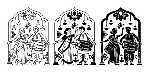 Fototapeta premium Indian Couple Dancing, Traditional Music, Festive Celebration Vector Art