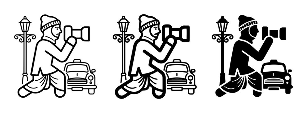 Photographer Capturing City Scene with Vintage Taxi and Lamp Post, Vector Icons