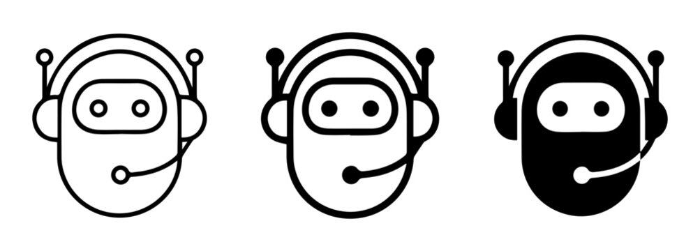 Robot Head Icons with Headset, Chatbot Support, Customer Service Vector Set