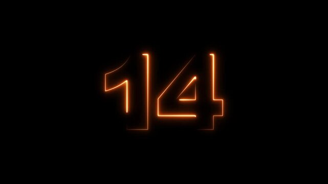 Glowing Neon 14 number educational mathematics text icon animation on black background. a dynamic motion and glowing neon number countdown icon animation.