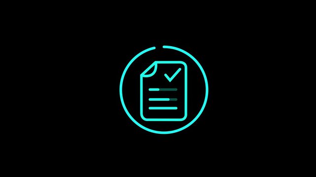 Blue line art document icon animation with text typing, checkmark, and a circular outline on black background. Simple terms and conditions approved icon animation, 4k stock video.