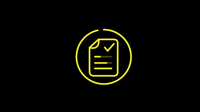 Yellow  line art document icon animation with text typing, checkmark, and a circular outline on black background. Simple terms and conditions approved icon animation, 4k stock video.