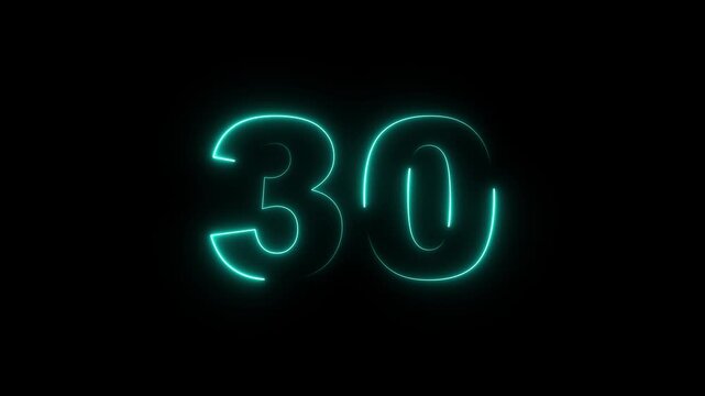 Neon 30 number mathematics text icon animation blue color text on black background.Number 30 vector illustration.