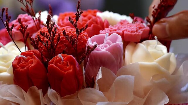 The process of making a bouquet of wax flowers.
