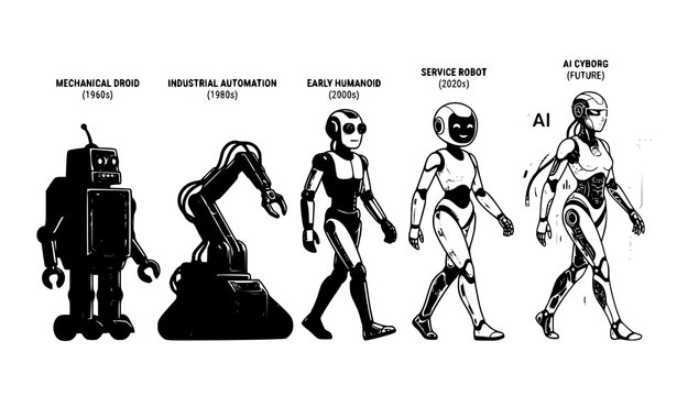Futuristic Robot Development and AI Evolution Cartoon Vector Illustration