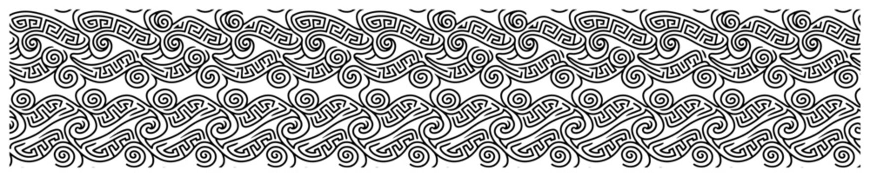 Greek meander waves ornament with spiral scrolls in antique linear style