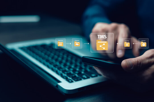 Transportation management system concept with planning, dispatch, tracking and delivery icons on virtual interface, representing logistics coordination and shipment workflow.