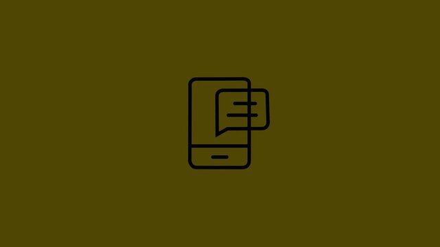 Black  smartphone outline animation receiving a chat message and a checkmark on a dark olive background. Success or message delivered concept, mobile phone line art animation, isolated 
