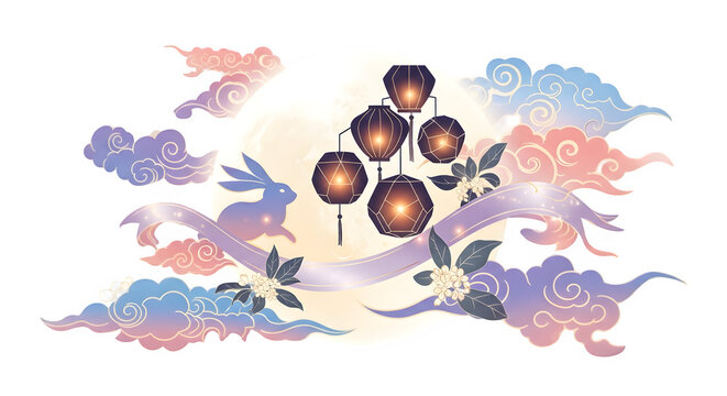 Mid autumn festival illustration with moon rabbit lanterns and clouds isolated on transparent background