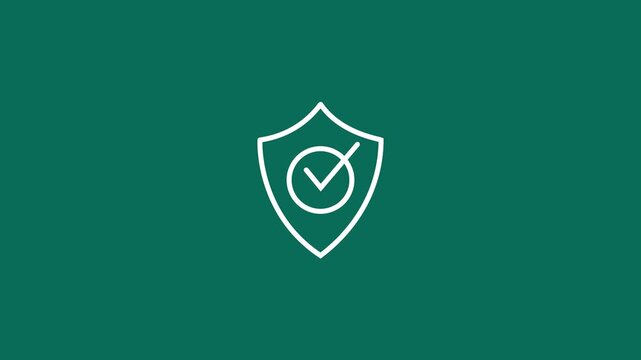 White shield line art animation with checkmark drawing inside on a teal background. Simple safety verification or insurance icon animation, guaranteed secure symbol flat design 4k stock video.