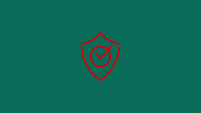 Red shield line art animation with checkmark drawing inside on a teal background. Simple safety verification or insurance icon animation, guaranteed secure symbol flat design 4k stock video.