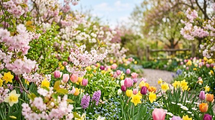 Obraz premium Vibrant spring garden with colorful tulips daffodils and blossoming trees