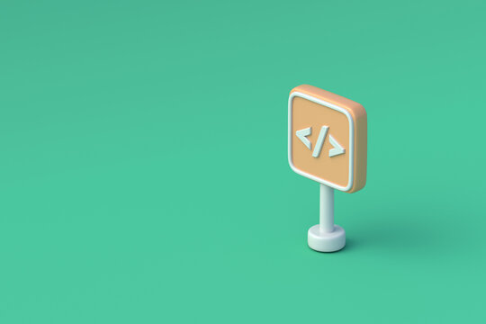 Coding symbol on road sign on green background. Web programming icon. Copy space. 3d rendering