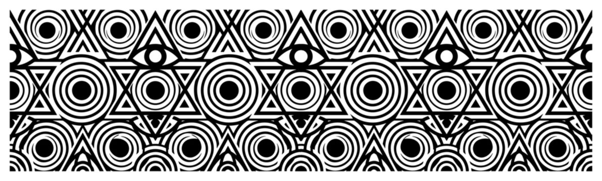 Mystic eye symbols within geometric triangles and circles in minimalist line art style