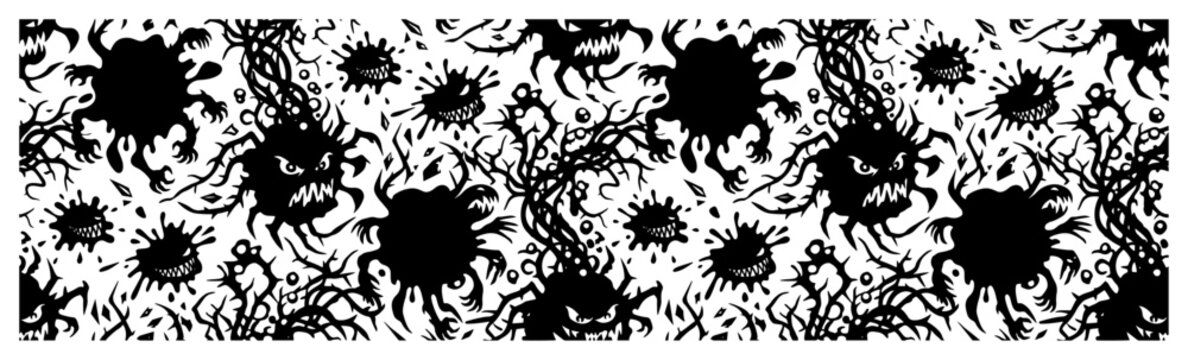 Angry monster virus characters with sharp thorns in a seamless horror pattern