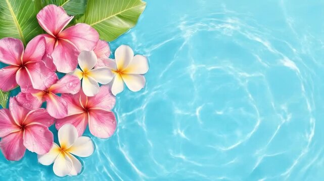 Top view of pink and white tropical flowers floating on bright blue water with sunlight ripples. Concept of spa, relaxation, nature, and summer for background or greeting card.