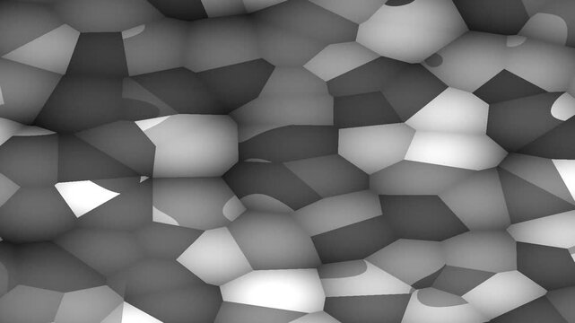 Abstract 3D geometric landscape with metallic surfaces and grayscale tones