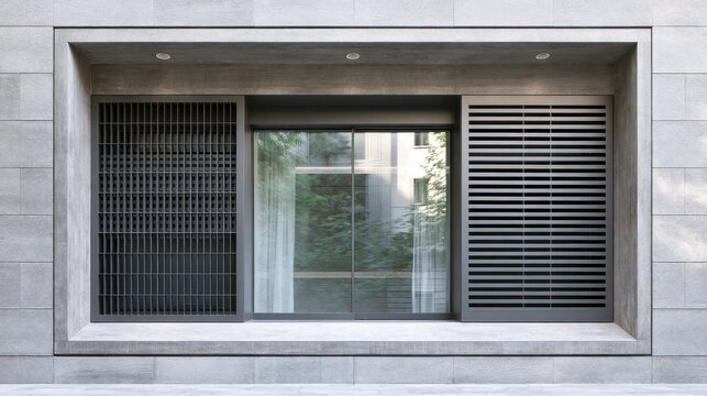 Stunning photo of A modern architectural window recess framed by concrete cladding and dark metal louvers. Tree reflections are visible on the glass under soft daytime lighting.