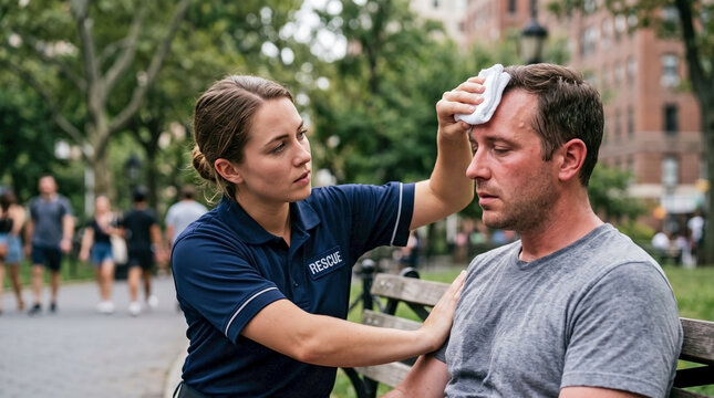 Female rescue worker applying cold cloth to sweaty man on park bench. Paramedic providing first aid for heat exhaustion in summer