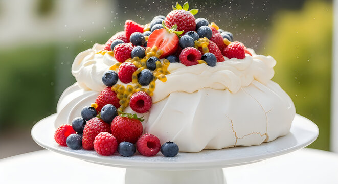 Pavlova meringue cake topped with fresh berries and passion fruit pulp