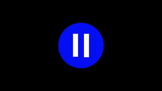 Blue color Play pause stop button icon animation on black background.  Hand pressing media video audio stock video.