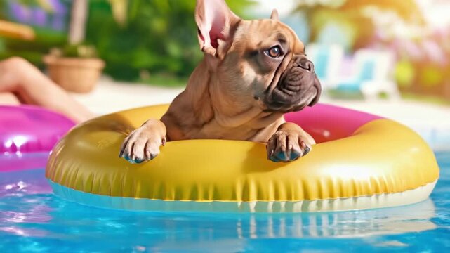 Cute puppy dog on inflatable ring floating in swimming pool water on summer vacation travel concept for greeting card design or holiday brochure and banner