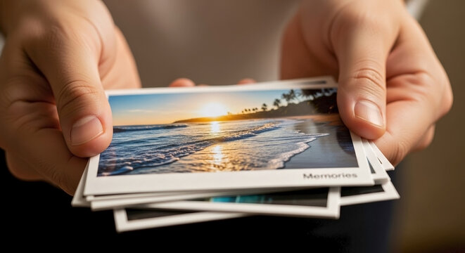 Close up of hands holding a stack of printed photographs. Person looking at travel vacation pictures with memories text. Nostalgia and remembering concept