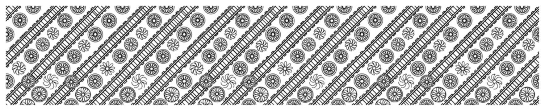 Railway tracks and mechanical gear pattern with floral ornaments in technical line art style