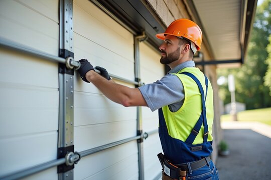 Contractor Man Demonstrates Garage Door Installation and Repair: Exploring Automation and Maintenance Processes