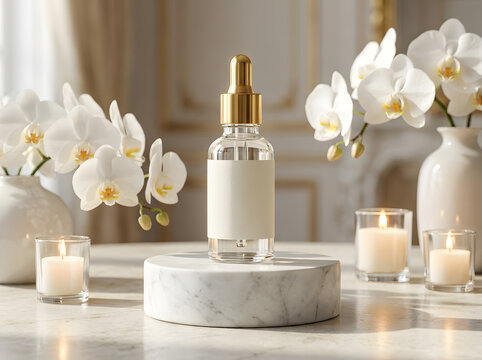 Cosmetic serum bottle mockup on marble stand with flowers in bright North America home.