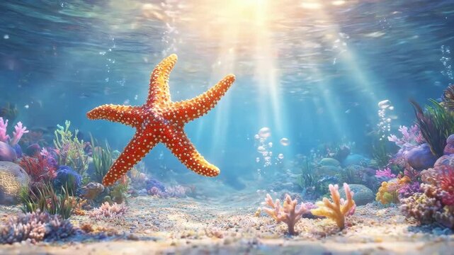 A bright orange starfish floats elegantly in clear blue ocean water above shimmering coral reef, bathed in sunlight. Concept of underwater life and tropical environment illustration.
