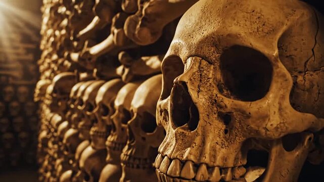 A close-up view of a large stack of human skulls indoors